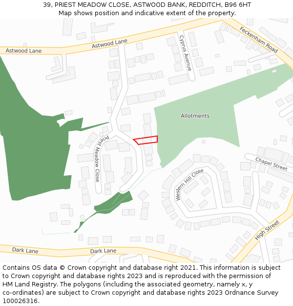 39, PRIEST MEADOW CLOSE, ASTWOOD BANK, REDDITCH, B96 6HT: Location map and indicative extent of plot