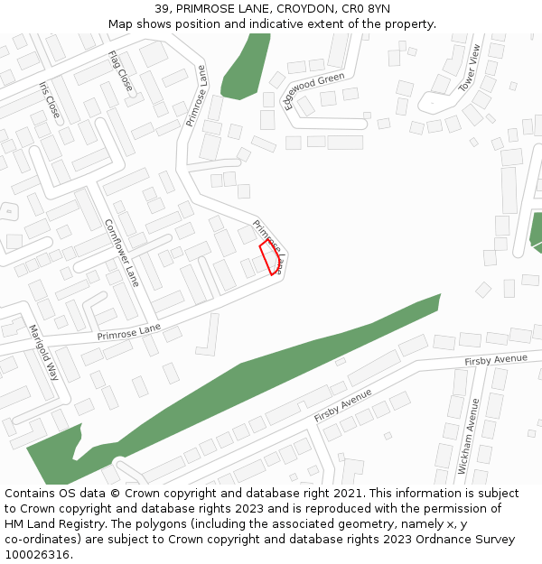 39, PRIMROSE LANE, CROYDON, CR0 8YN: Location map and indicative extent of plot