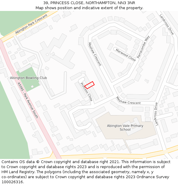 39, PRINCESS CLOSE, NORTHAMPTON, NN3 3NR: Location map and indicative extent of plot