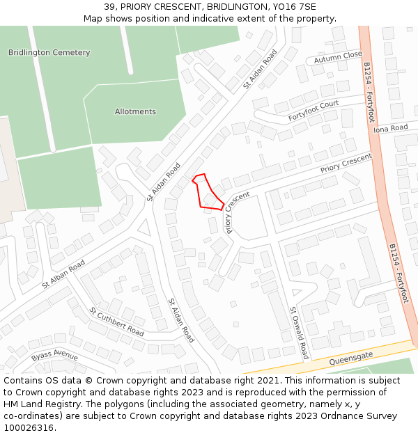 39, PRIORY CRESCENT, BRIDLINGTON, YO16 7SE: Location map and indicative extent of plot
