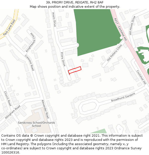39, PRIORY DRIVE, REIGATE, RH2 8AF: Location map and indicative extent of plot