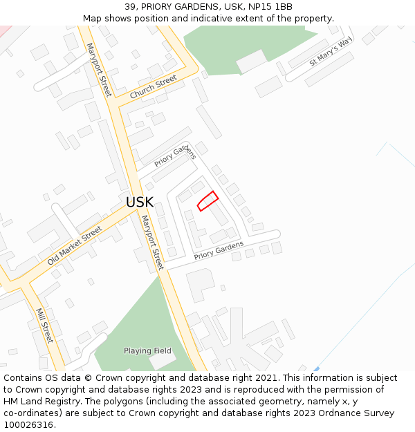 39, PRIORY GARDENS, USK, NP15 1BB: Location map and indicative extent of plot