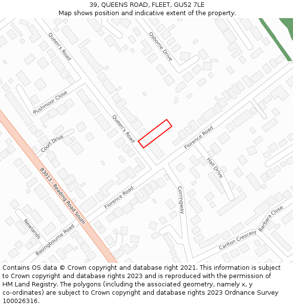 39, QUEENS ROAD, FLEET, GU52 7LE: Location map and indicative extent of plot