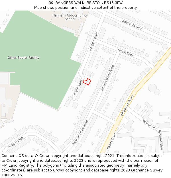 39, RANGERS WALK, BRISTOL, BS15 3PW: Location map and indicative extent of plot