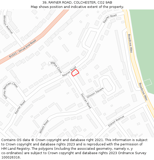 39, RAYNER ROAD, COLCHESTER, CO2 9AB: Location map and indicative extent of plot