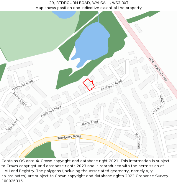 39, REDBOURN ROAD, WALSALL, WS3 3XT: Location map and indicative extent of plot