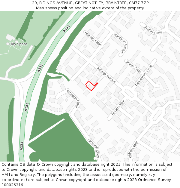 39, RIDINGS AVENUE, GREAT NOTLEY, BRAINTREE, CM77 7ZP: Location map and indicative extent of plot