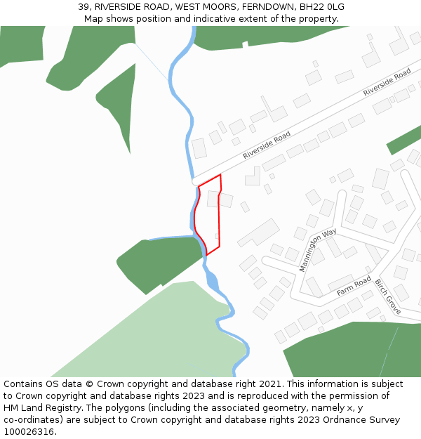 39, RIVERSIDE ROAD, WEST MOORS, FERNDOWN, BH22 0LG: Location map and indicative extent of plot