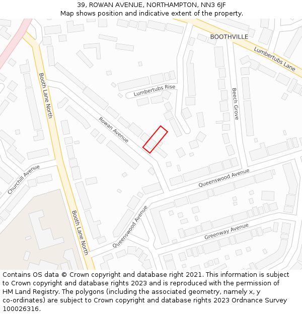 39, ROWAN AVENUE, NORTHAMPTON, NN3 6JF: Location map and indicative extent of plot