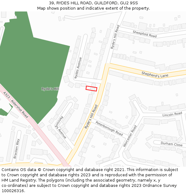 39, RYDES HILL ROAD, GUILDFORD, GU2 9SS: Location map and indicative extent of plot