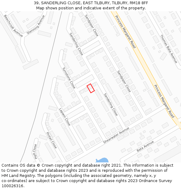 39, SANDERLING CLOSE, EAST TILBURY, TILBURY, RM18 8FF: Location map and indicative extent of plot