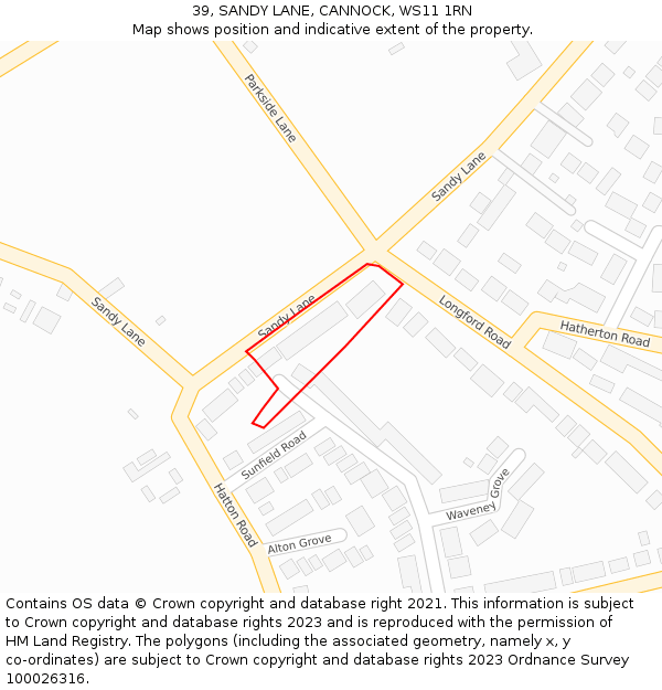 39, SANDY LANE, CANNOCK, WS11 1RN: Location map and indicative extent of plot