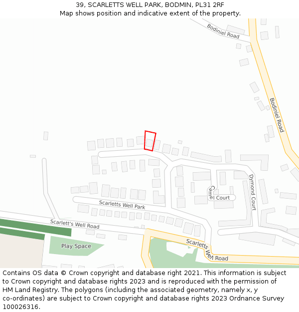 39, SCARLETTS WELL PARK, BODMIN, PL31 2RF: Location map and indicative extent of plot