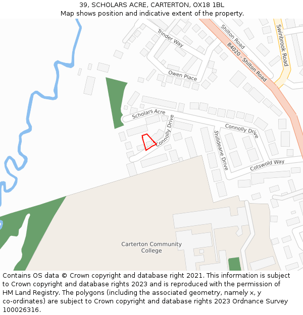 39, SCHOLARS ACRE, CARTERTON, OX18 1BL: Location map and indicative extent of plot