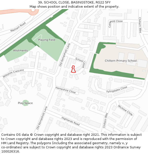 39, SCHOOL CLOSE, BASINGSTOKE, RG22 5FY: Location map and indicative extent of plot