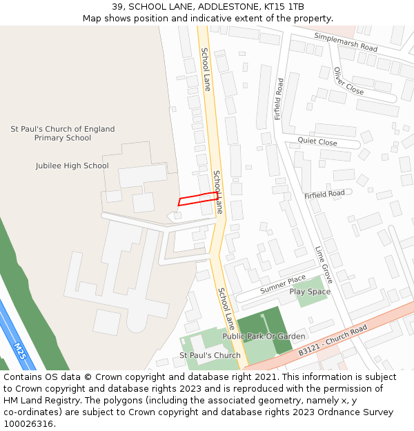 39, SCHOOL LANE, ADDLESTONE, KT15 1TB: Location map and indicative extent of plot