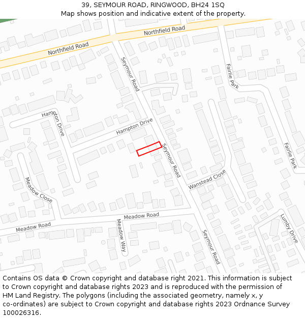 39, SEYMOUR ROAD, RINGWOOD, BH24 1SQ: Location map and indicative extent of plot