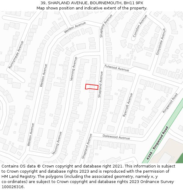 39, SHAPLAND AVENUE, BOURNEMOUTH, BH11 9PX: Location map and indicative extent of plot