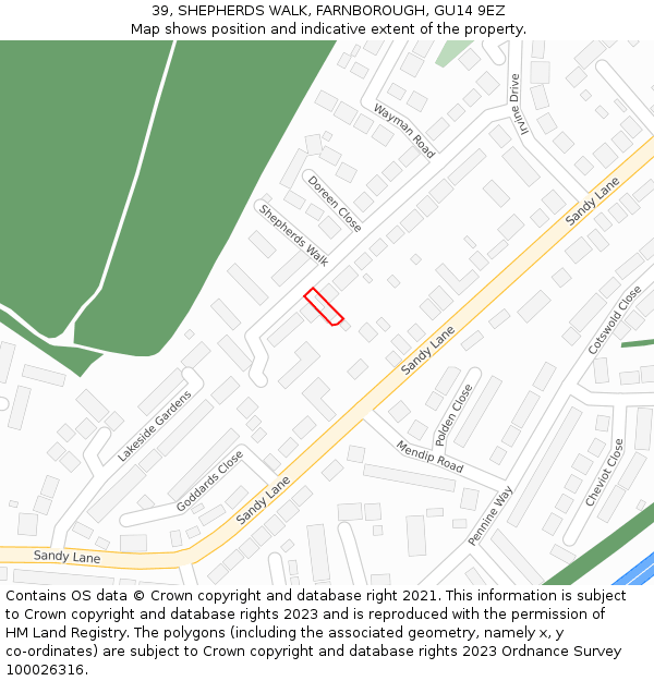 39, SHEPHERDS WALK, FARNBOROUGH, GU14 9EZ: Location map and indicative extent of plot