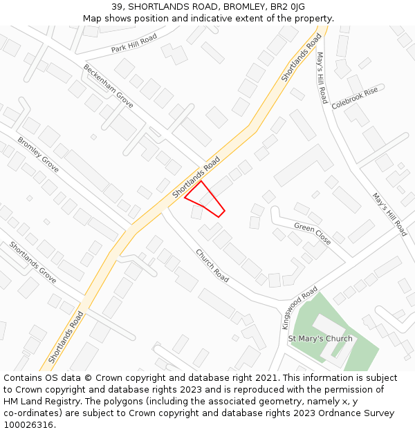 39, SHORTLANDS ROAD, BROMLEY, BR2 0JG: Location map and indicative extent of plot