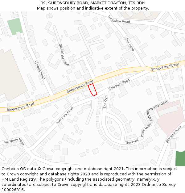 39, SHREWSBURY ROAD, MARKET DRAYTON, TF9 3DN: Location map and indicative extent of plot