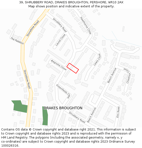 39, SHRUBBERY ROAD, DRAKES BROUGHTON, PERSHORE, WR10 2AX: Location map and indicative extent of plot