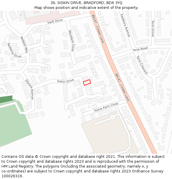 39, SISKIN DRIVE, BRADFORD, BD6 3YQ: Location map and indicative extent of plot