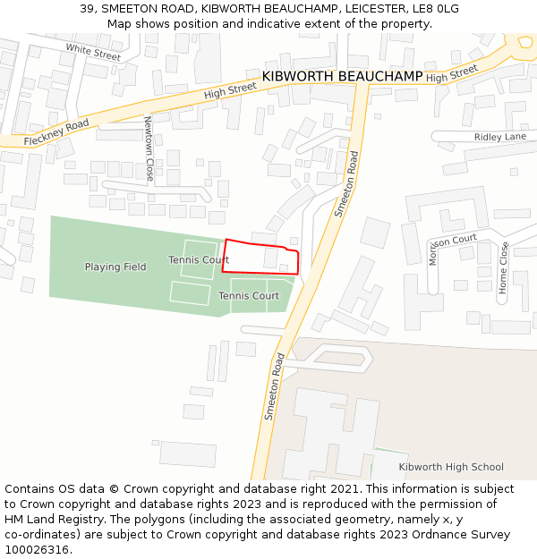 39, SMEETON ROAD, KIBWORTH BEAUCHAMP, LEICESTER, LE8 0LG: Location map and indicative extent of plot