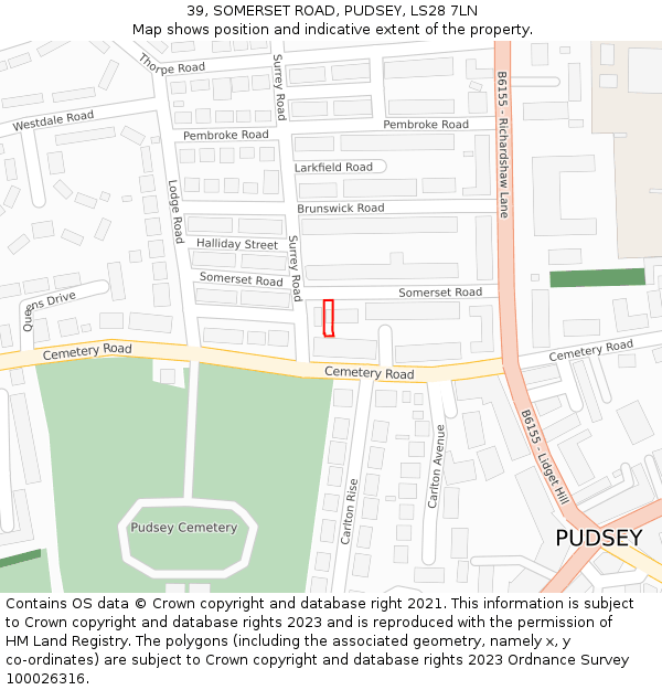 39, SOMERSET ROAD, PUDSEY, LS28 7LN: Location map and indicative extent of plot