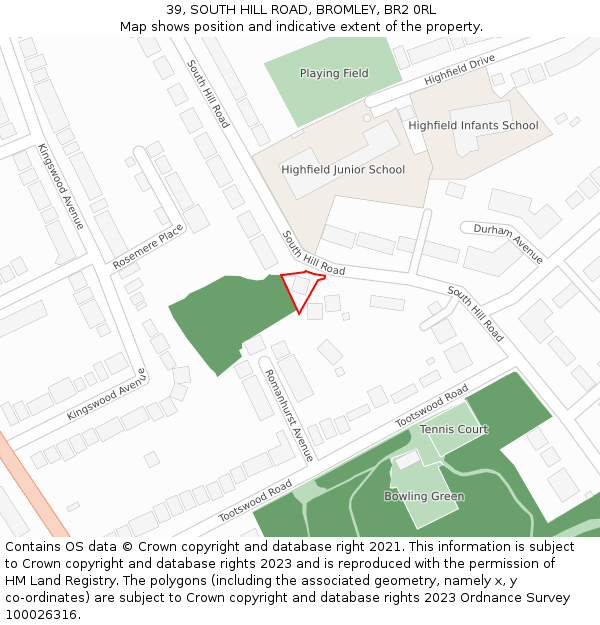 39, SOUTH HILL ROAD, BROMLEY, BR2 0RL: Location map and indicative extent of plot