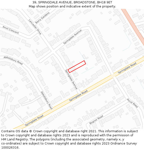 39, SPRINGDALE AVENUE, BROADSTONE, BH18 9ET: Location map and indicative extent of plot