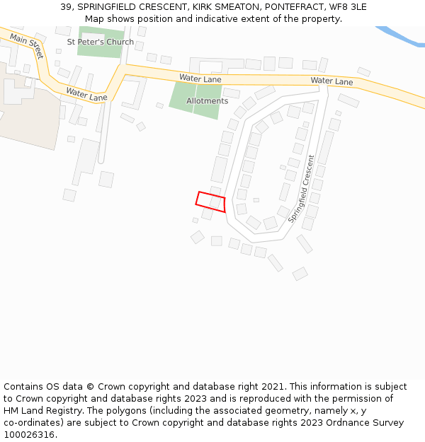 39, SPRINGFIELD CRESCENT, KIRK SMEATON, PONTEFRACT, WF8 3LE: Location map and indicative extent of plot