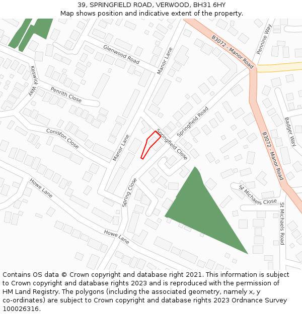39, SPRINGFIELD ROAD, VERWOOD, BH31 6HY: Location map and indicative extent of plot