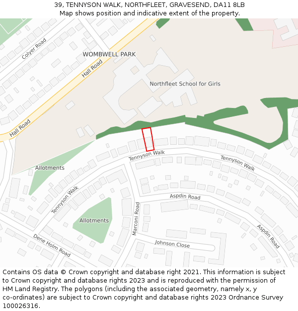39, TENNYSON WALK, NORTHFLEET, GRAVESEND, DA11 8LB: Location map and indicative extent of plot