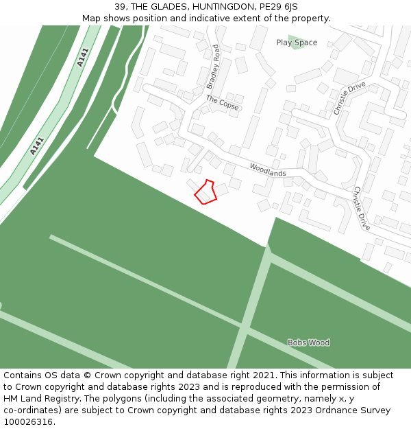 39, THE GLADES, HUNTINGDON, PE29 6JS: Location map and indicative extent of plot