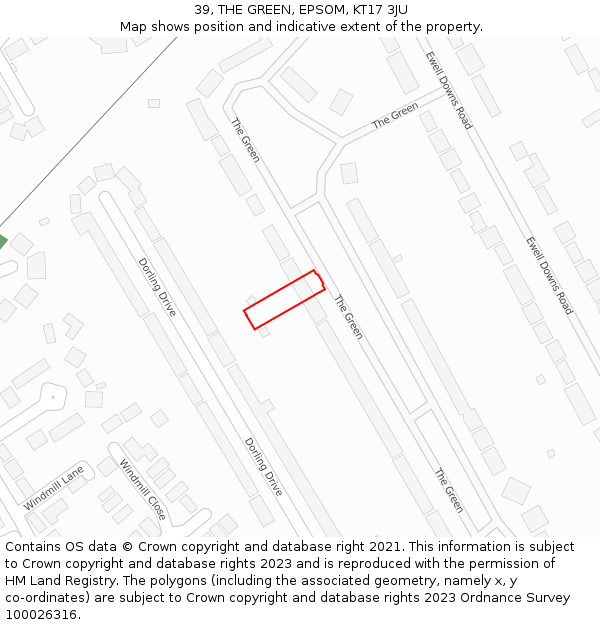 39, THE GREEN, EPSOM, KT17 3JU: Location map and indicative extent of plot