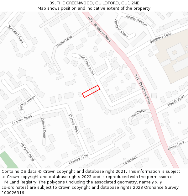 39, THE GREENWOOD, GUILDFORD, GU1 2NE: Location map and indicative extent of plot