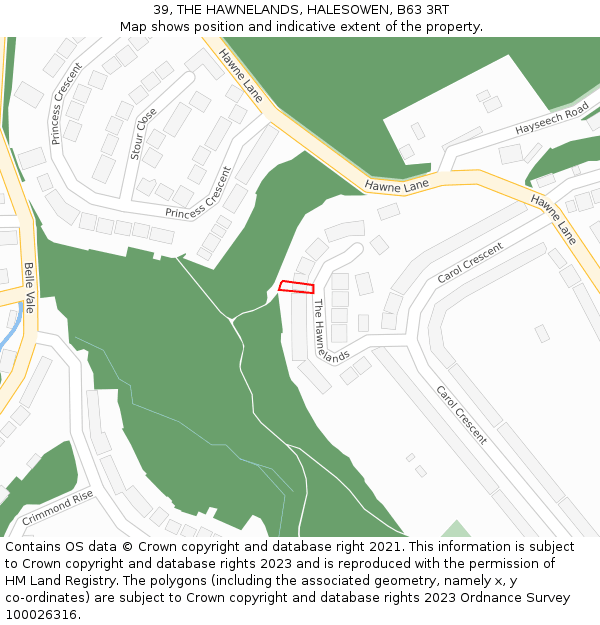 39, THE HAWNELANDS, HALESOWEN, B63 3RT: Location map and indicative extent of plot