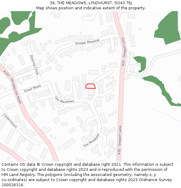 39, THE MEADOWS, LYNDHURST, SO43 7EJ: Location map and indicative extent of plot