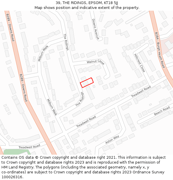 39, THE RIDINGS, EPSOM, KT18 5JJ: Location map and indicative extent of plot