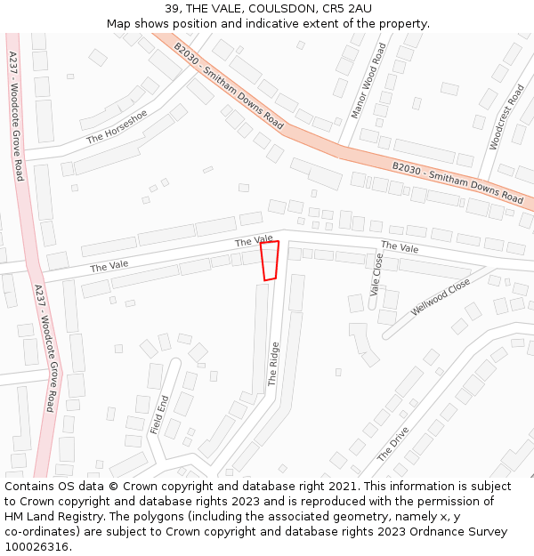 39, THE VALE, COULSDON, CR5 2AU: Location map and indicative extent of plot