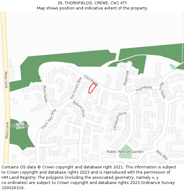 39, THORNFIELDS, CREWE, CW1 4TY: Location map and indicative extent of plot