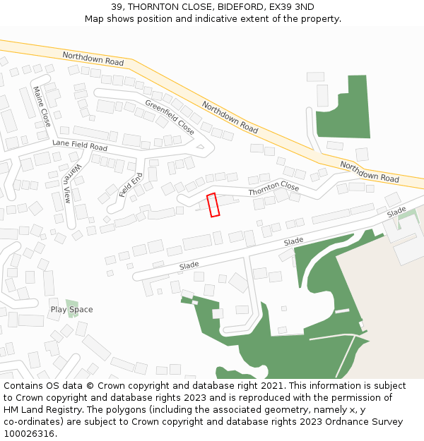 39, THORNTON CLOSE, BIDEFORD, EX39 3ND: Location map and indicative extent of plot