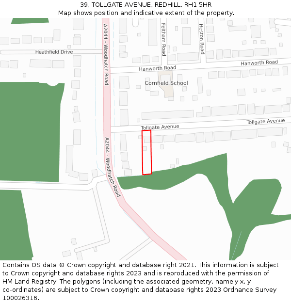 39, TOLLGATE AVENUE, REDHILL, RH1 5HR: Location map and indicative extent of plot
