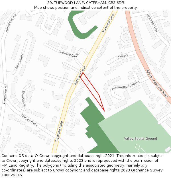 39, TUPWOOD LANE, CATERHAM, CR3 6DB: Location map and indicative extent of plot