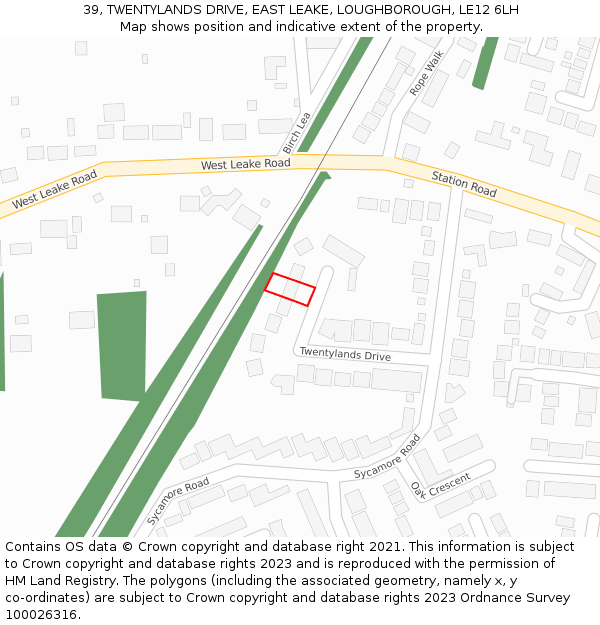 39, TWENTYLANDS DRIVE, EAST LEAKE, LOUGHBOROUGH, LE12 6LH: Location map and indicative extent of plot