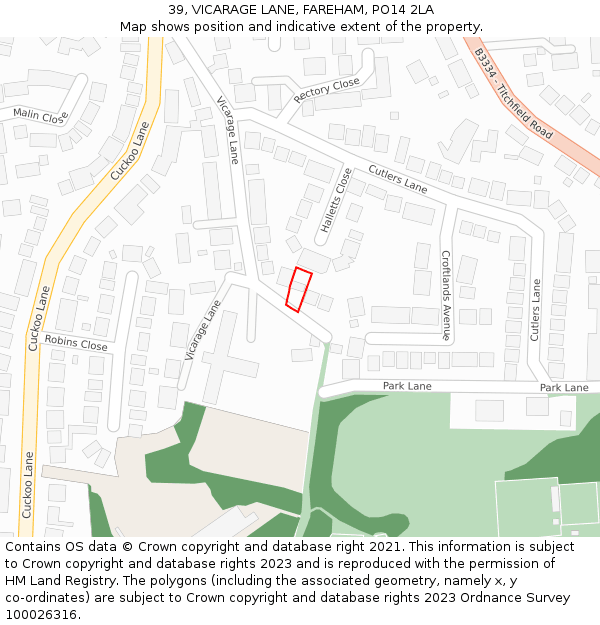 39, VICARAGE LANE, FAREHAM, PO14 2LA: Location map and indicative extent of plot