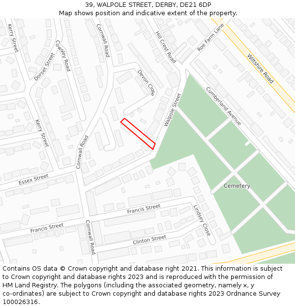 39, WALPOLE STREET, DERBY, DE21 6DP: Location map and indicative extent of plot