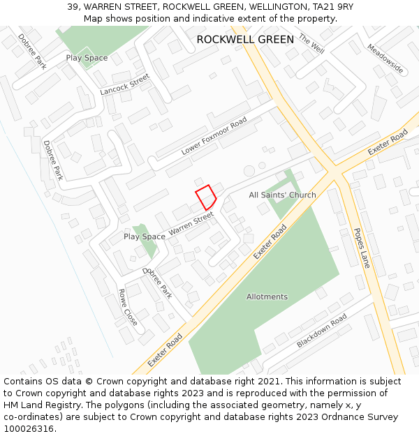 39, WARREN STREET, ROCKWELL GREEN, WELLINGTON, TA21 9RY: Location map and indicative extent of plot