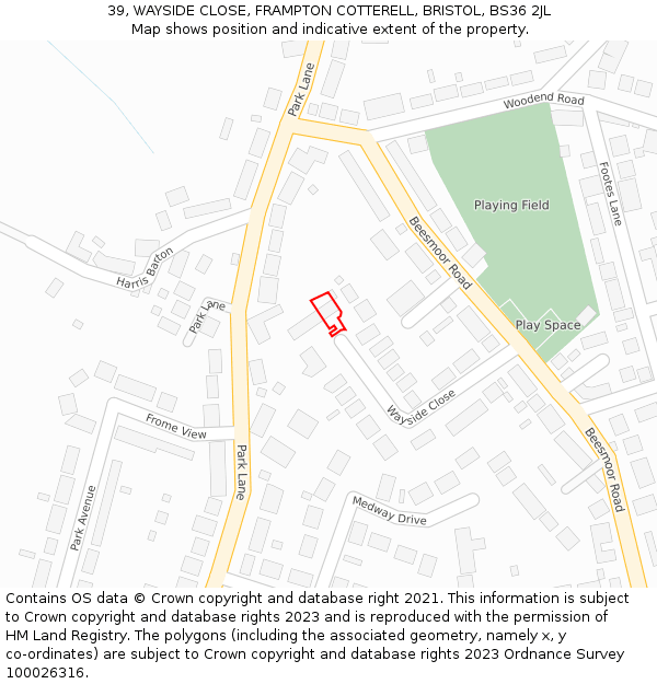 39, WAYSIDE CLOSE, FRAMPTON COTTERELL, BRISTOL, BS36 2JL: Location map and indicative extent of plot